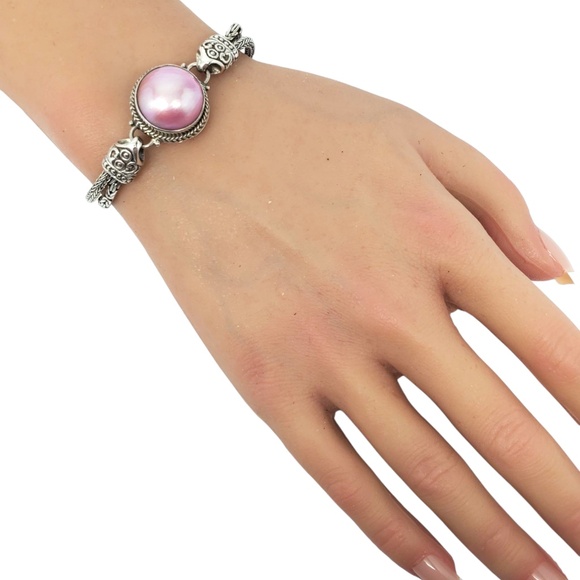 Sterling Silver Pink Mabe Pearl Chain Bracelet #21169 - Picture 8 of 10